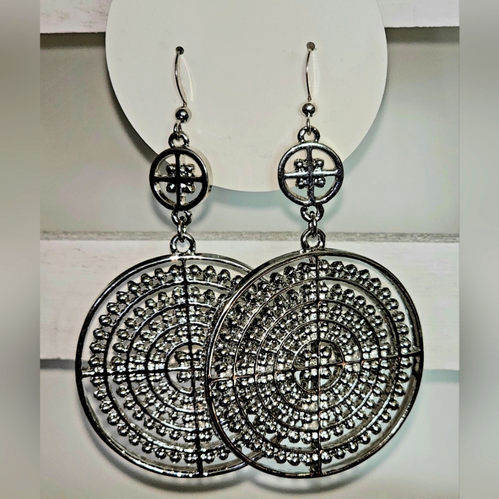 Baroque Silvertone Double Circle Drop Earrings